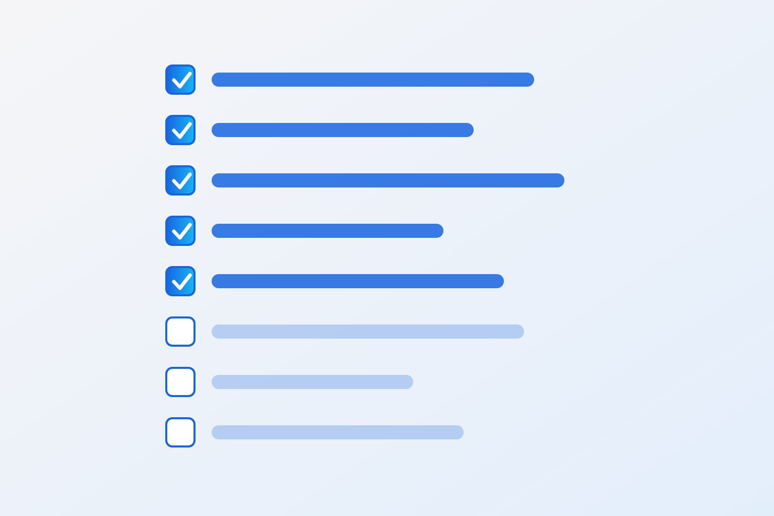 Schema einer Checkliste mit fünf abgehakten und drei offenen Feldern