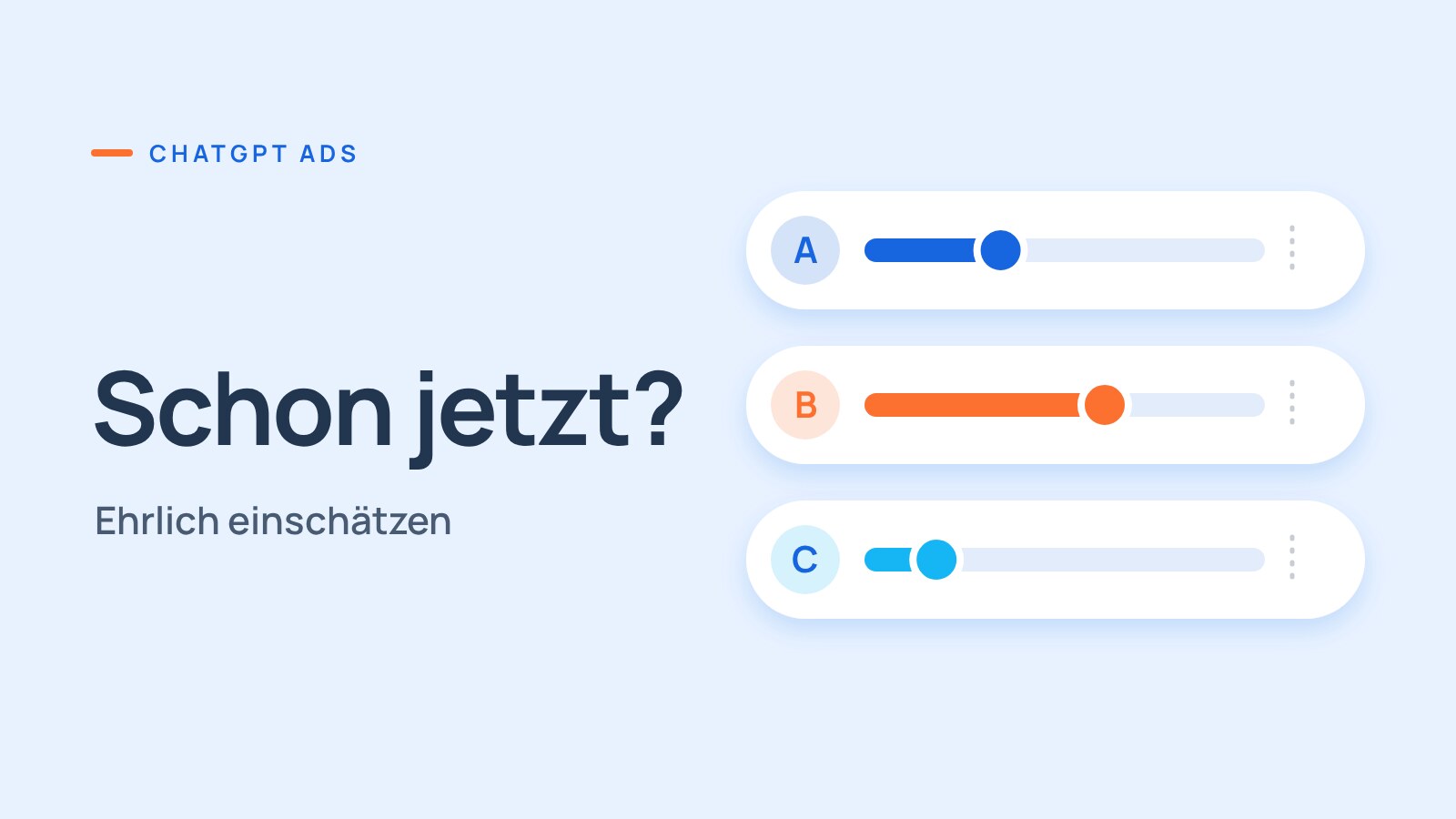 Cover-Grafik zur Frage, ob ChatGPT Ads schon passen: drei Test-Bahnen A, B und C, eine in Orange