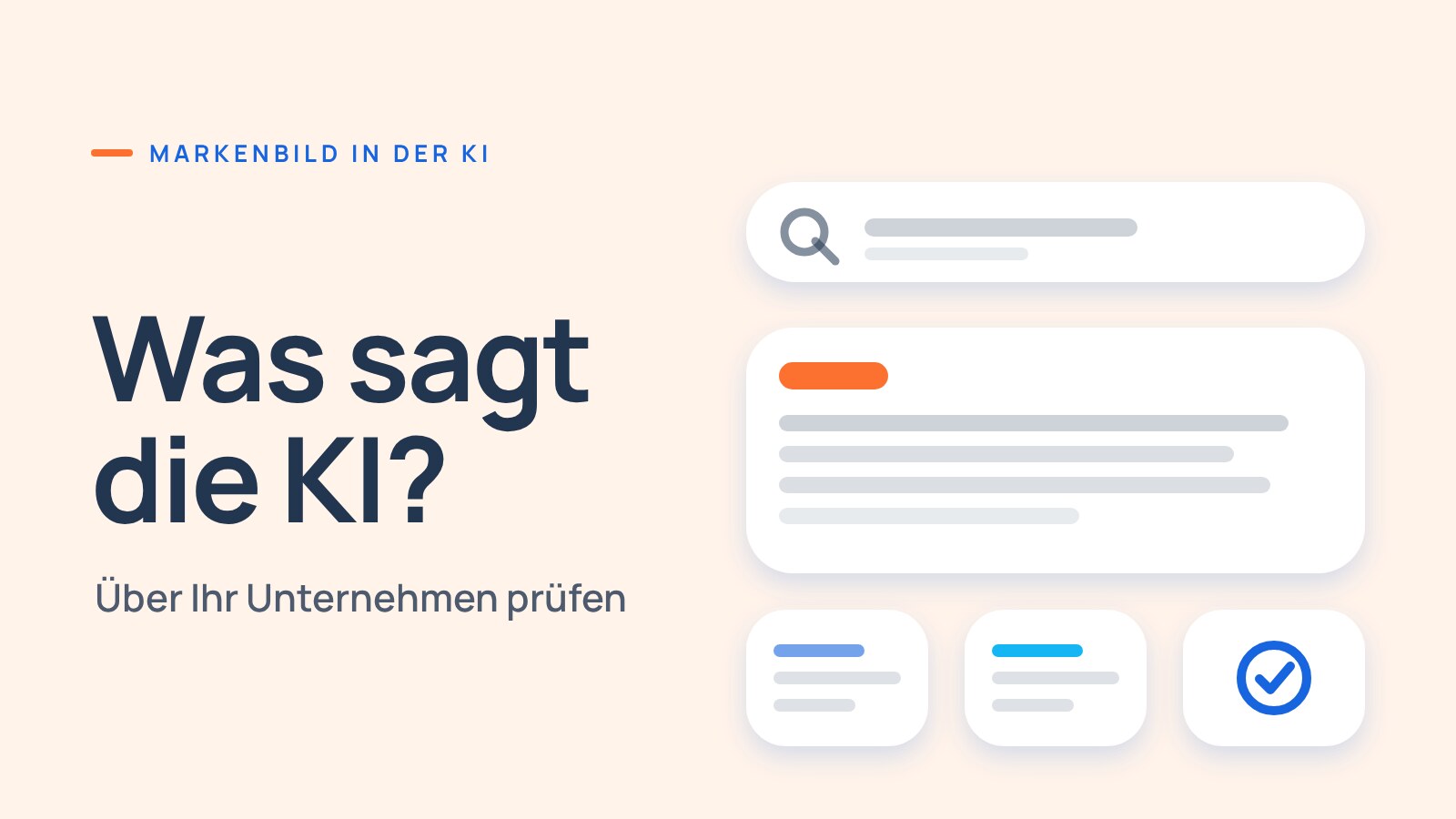 Schema: Suchleiste mit Antwortkarte und drei kleinen Quellenkarten zur Darstellung eines Unternehmens in der KI-Suche