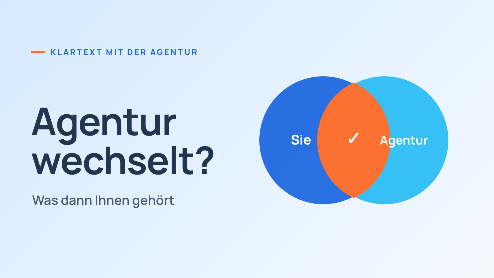 Cover-Grafik: zwei überlappende Kreise Sie und Agentur, in der Schnittmenge ein oranger Haken