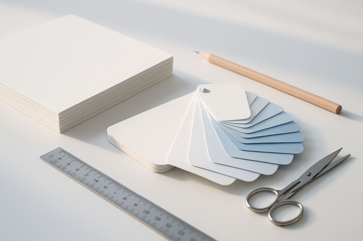 Papierstapel, Musterfächer in hellen Blautönen, Lineal, Bleistift und Schere auf einem hellen Schreibtisch