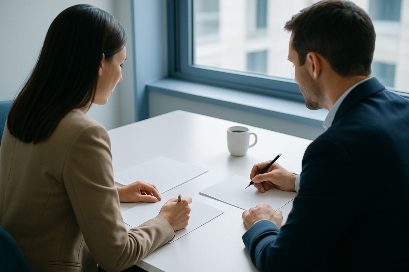 Zwei Personen besprechen sich an einem hellen Besprechungstisch mit Papier, Stiften und einer Kaffeetasse